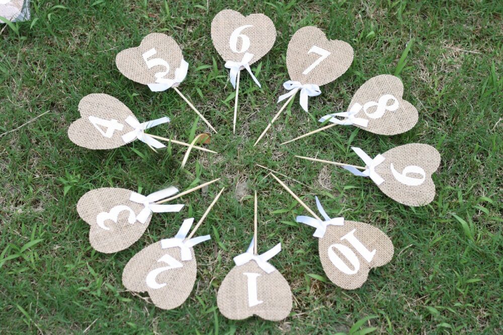 Burlap Table Number Cards, Rustic Wedding Reception, Jute, Hessian Ribbon Cards, Heart Shape, Wedding, Numbers Topper, Party, Bridal Shower Decor