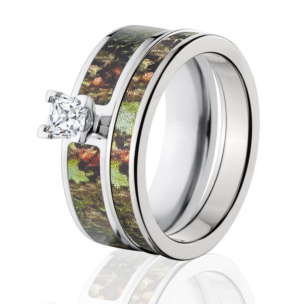 Mossy Oak Obsession Camo Bridal Ring Set, Cobalt Chrome Wedding Bands With Prong Setting