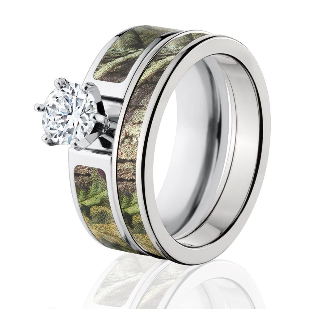 Titanium Camo Bridal Set, Mossy Oak Green Inlay Wedding Bands, Rings