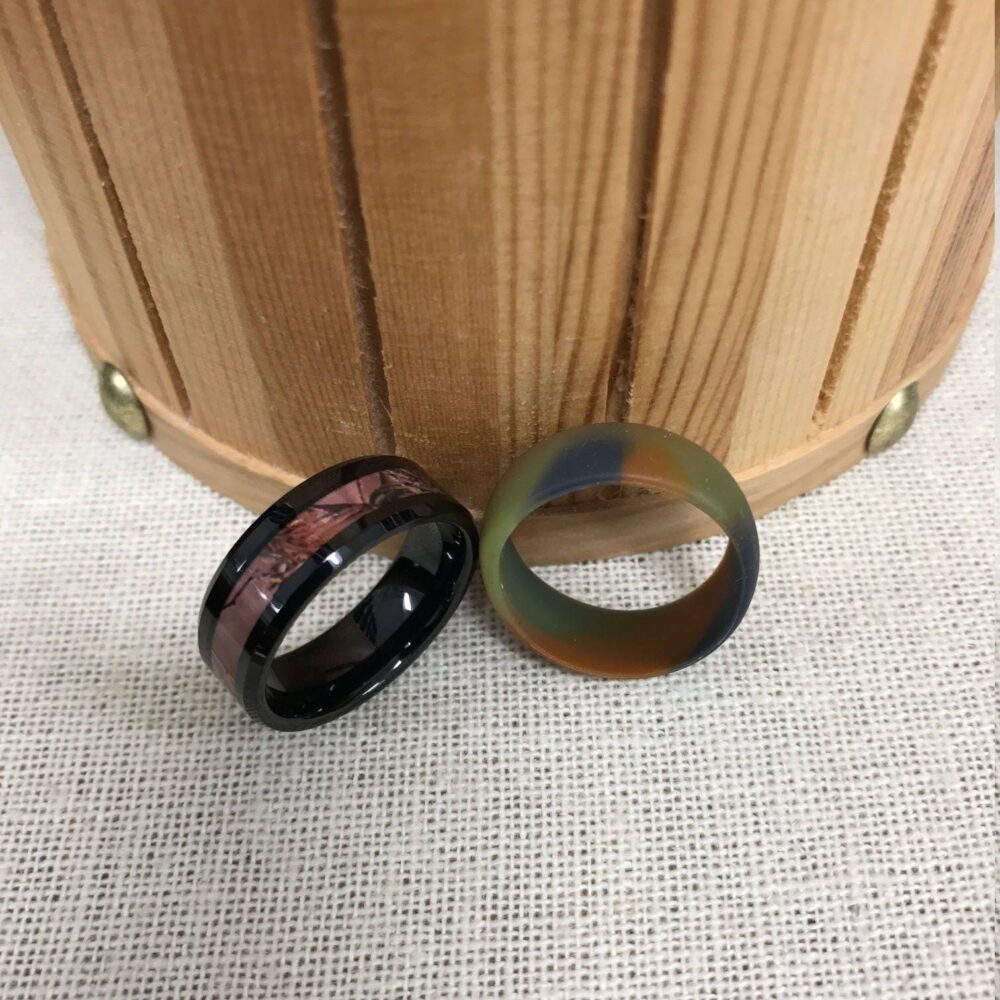 Custom Engraved Black Ceramic Camo Wedding Band Ring + Silicone