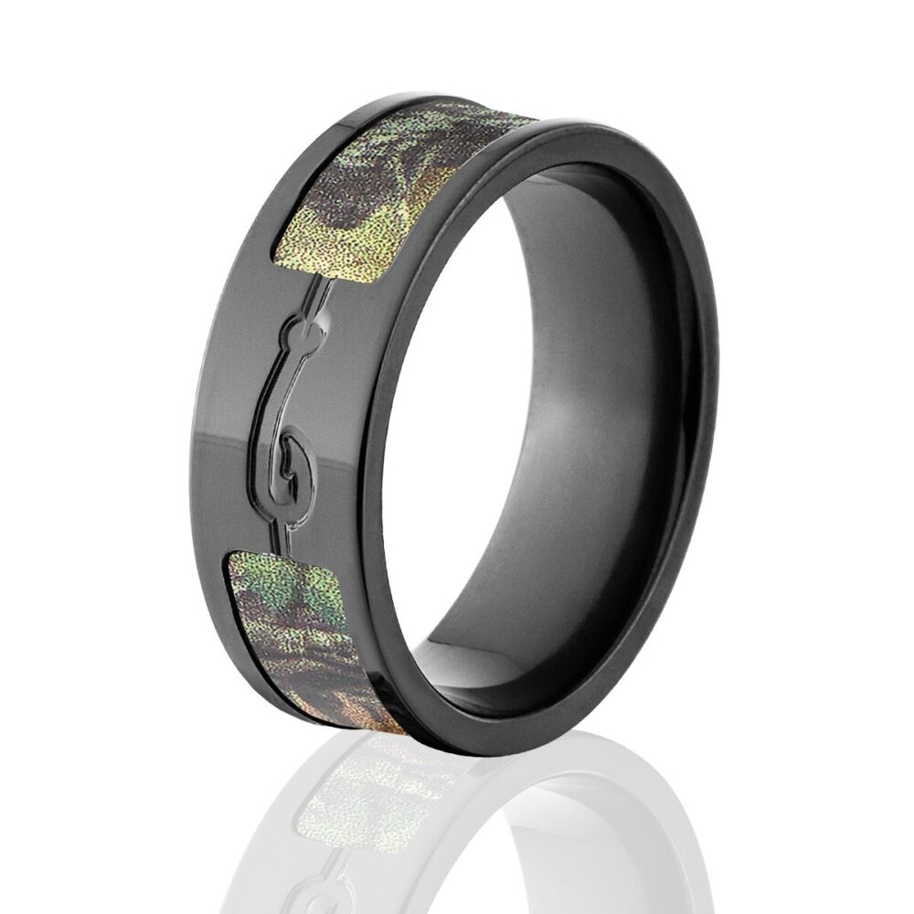 Black Zirconium Ring, Mossy Oak Break Up Camo Fishhook Design, Men's Wedding Band