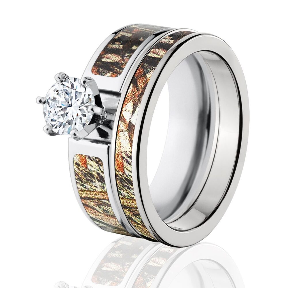 Mossy Oak Duckblind Camo Bridal Ring Set, Wedding Bands With White Gold Setting