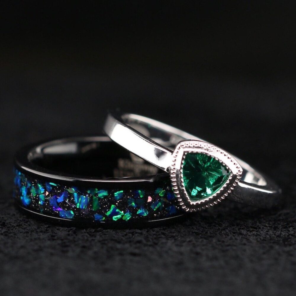 2 Piece Opal Wedding Ring Set Stainless Steel Band & Sterling Silver Engagement