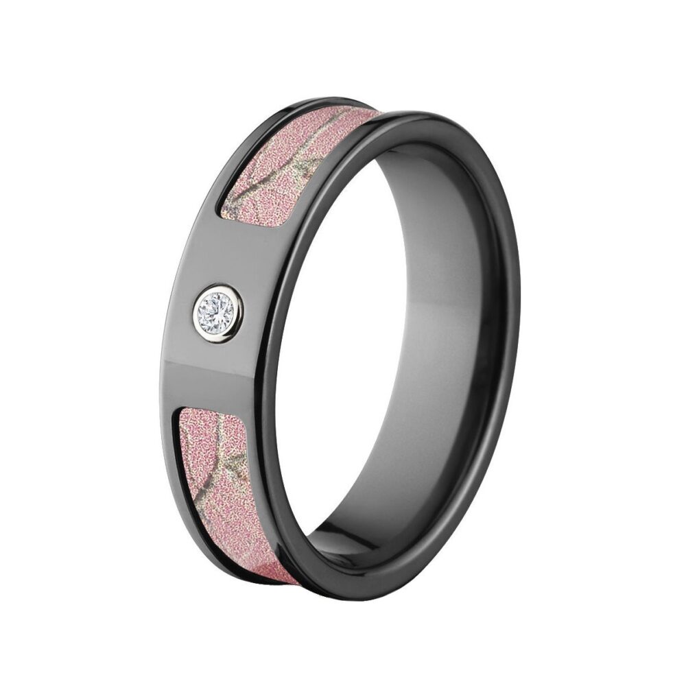 Black Zirconium Ring, Realtree Pink Camo With Diamond, Women's Wedding Band