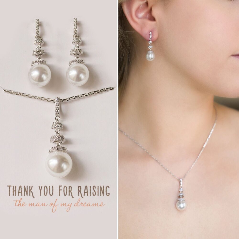 Wedding Gift, Mother Of Bride Groom Pearl Necklace, Earrings, Jewelry Set