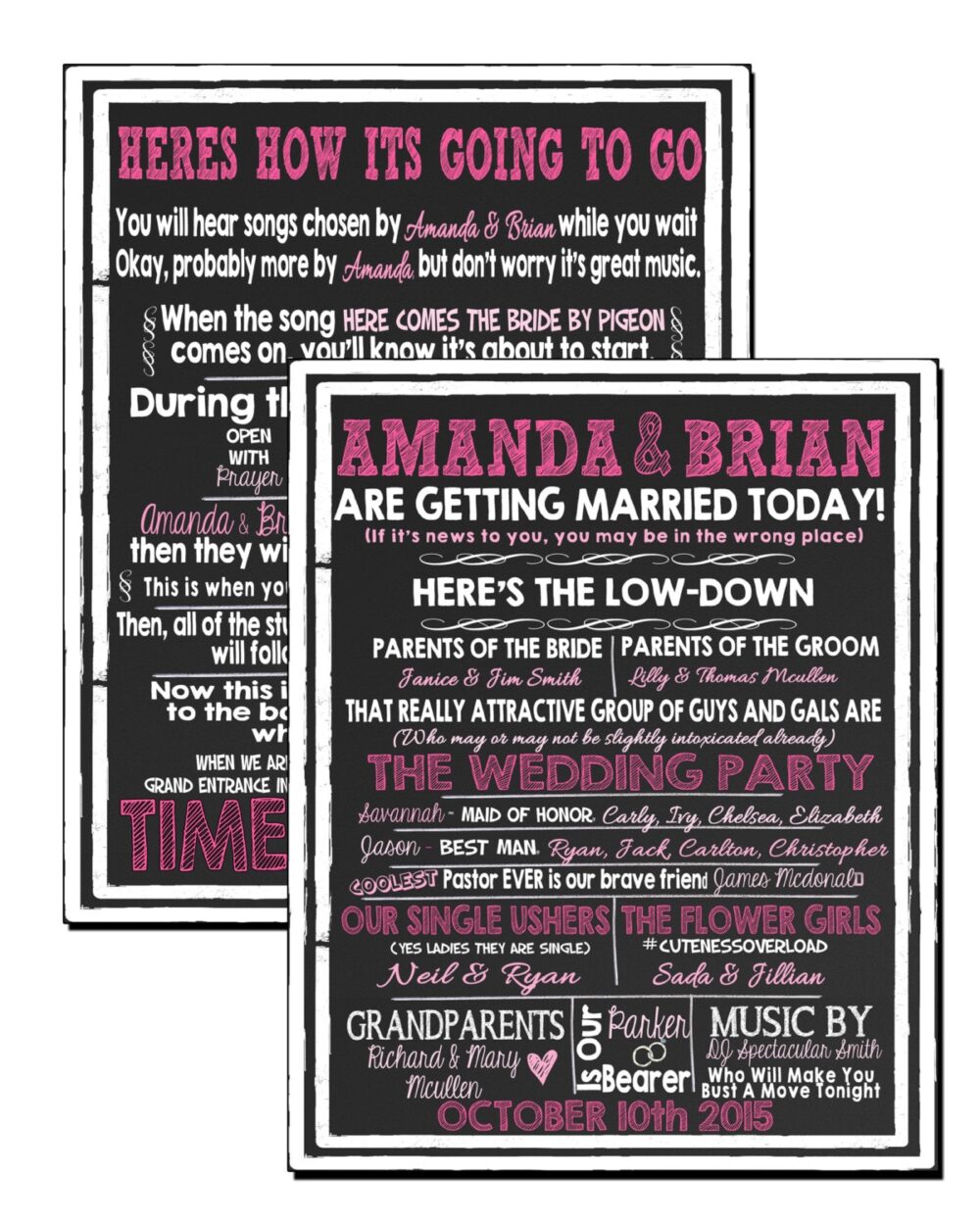 Unique Pink Wedding Programs, Funny Modern Signs To Amuse Guests & Make Them Laugh Id# Sgnwed01