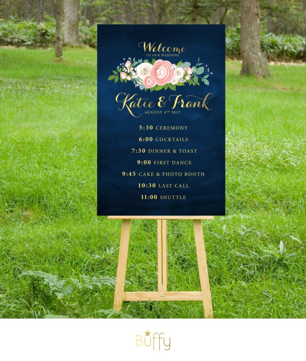 The Jenny . Timeline Event Sign Wedding Program Itinerary Printed Large Or Pdf Gold Calligraphy Navy Chalkboard Pink White Peony Rose