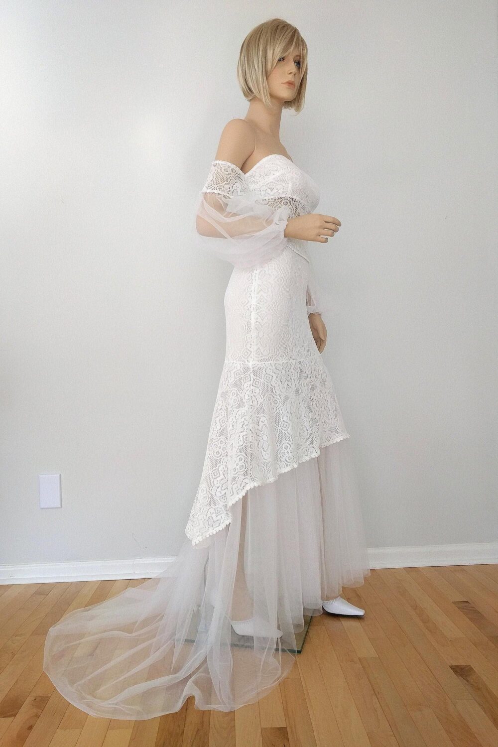 Bohemian Wedding Two Pieces Dress, White Lace Long Sleeves Train Bridesmaid Bridal Gown Dress