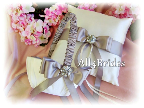 Wedding Flower Girl Basket & Ring Bearer Pillow, Silver Grey Ceremony Accessories