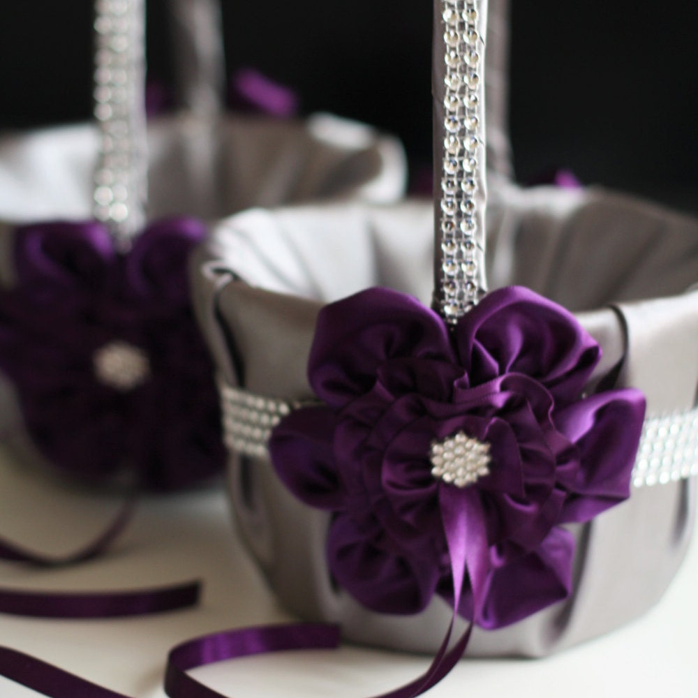 Gray & Plum Wedding Flower Girl Baskets Egg Plant Ceremony Petals Basket With Brooch Rhinestones Trim