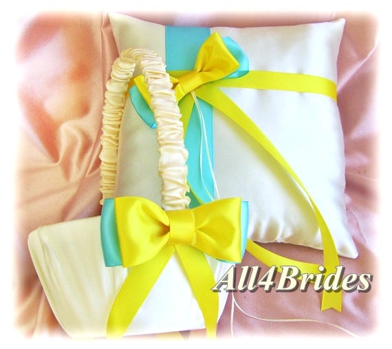 Aqua Blue & Yellow Wedding Flower Girl Basket Ring Bearer Pillow, Ring Cushion Flower Girl Basket Set