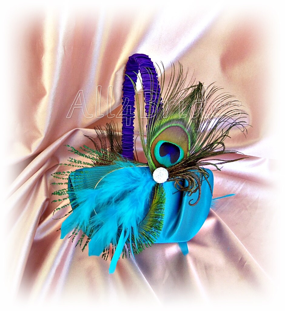 Peacock Wedding Flower Girl Basket Turquoise & Purple