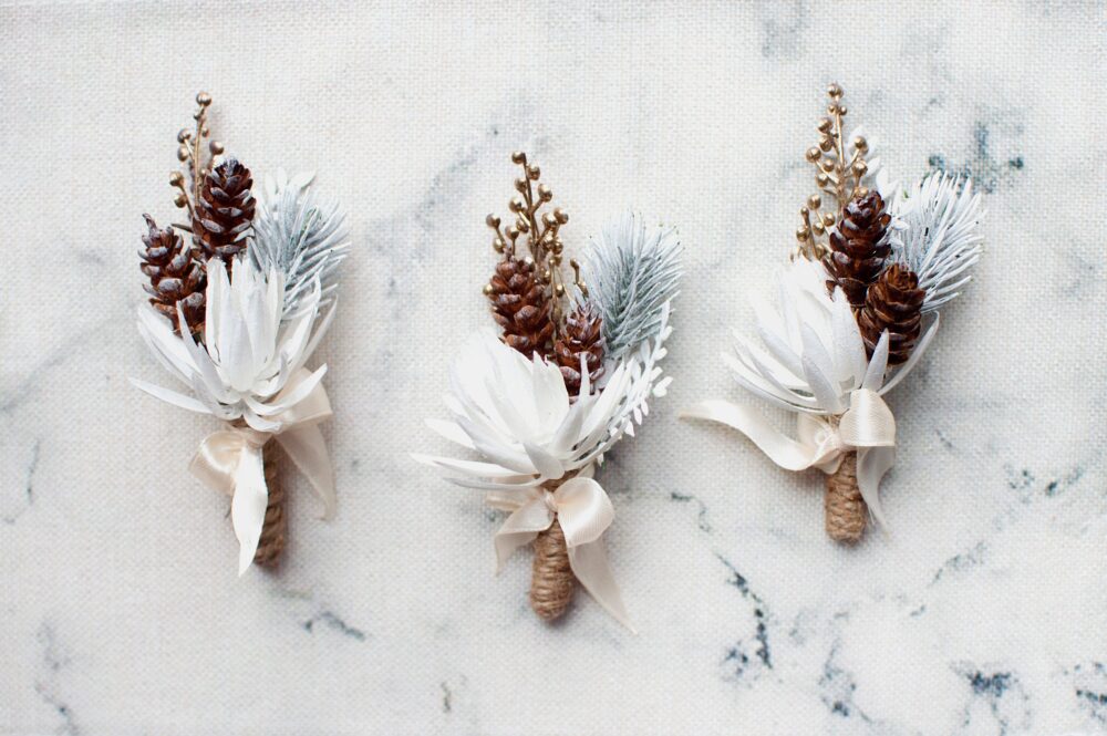Rustic Winter Wedding Boutonniere White Cone, Twine & Plastic Greens