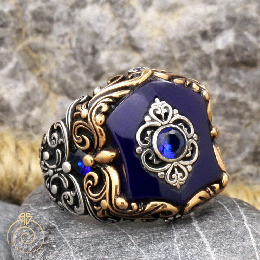 Men Sapphire Ring, Quartz Stone Art Nouveau Anniversary Shield Design Silver Promise Ring Carved Edwardian Heraldic Signet Jewelry