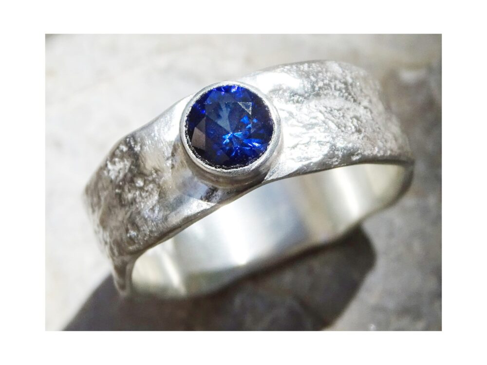 Mens Sapphire Ring Molten Sterling Silver Viking Wedding Band