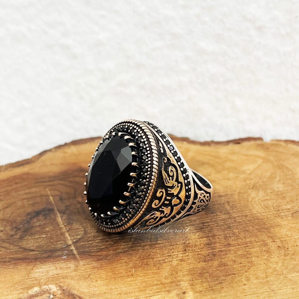 Handmade 925 Sterling Silver Mens Onyx Ring Ottoman Style