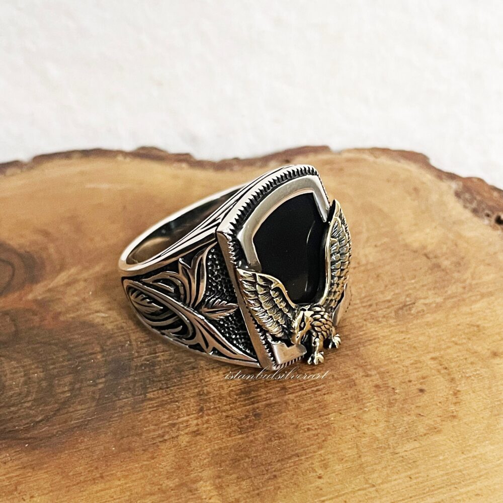 Handmade 925 Sterling Silver Mens Onyx Ring Ottoman Eagle Design