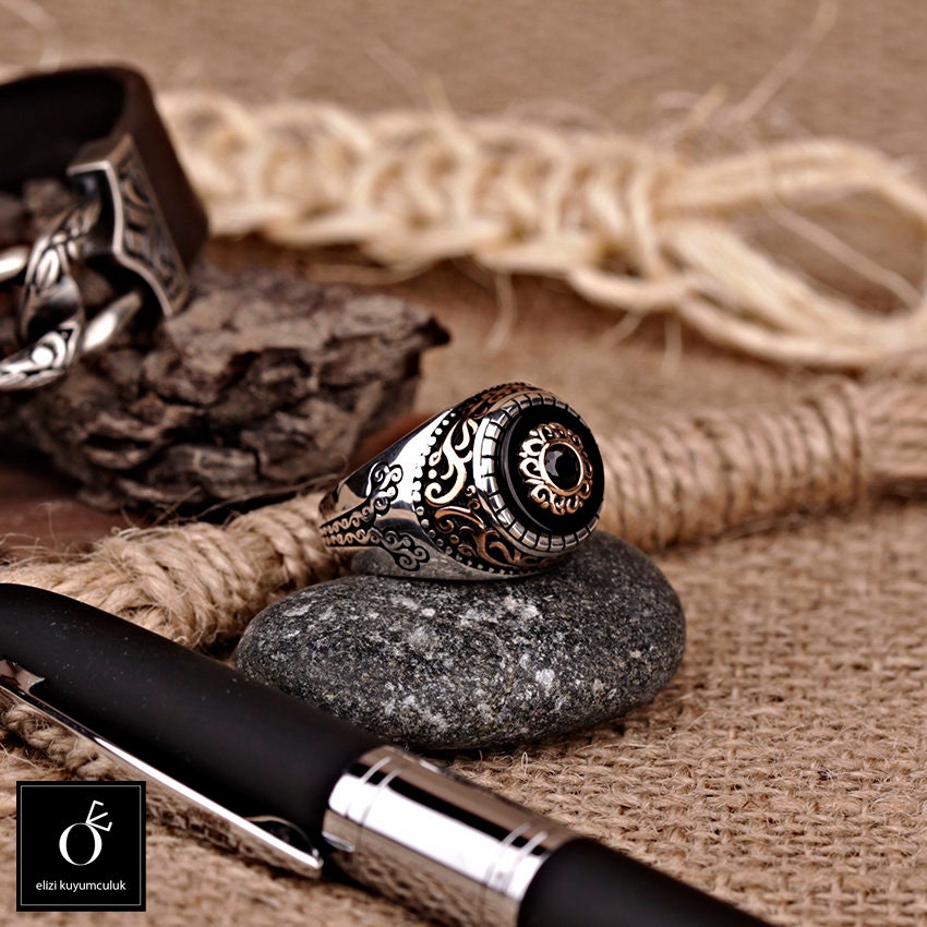 Mens Onyx Rings, Black Stone Silver Statement Ring, Celtic Vintage Signet Viking Warrior Manly Infinity Band | Can Be Gold Custom Made