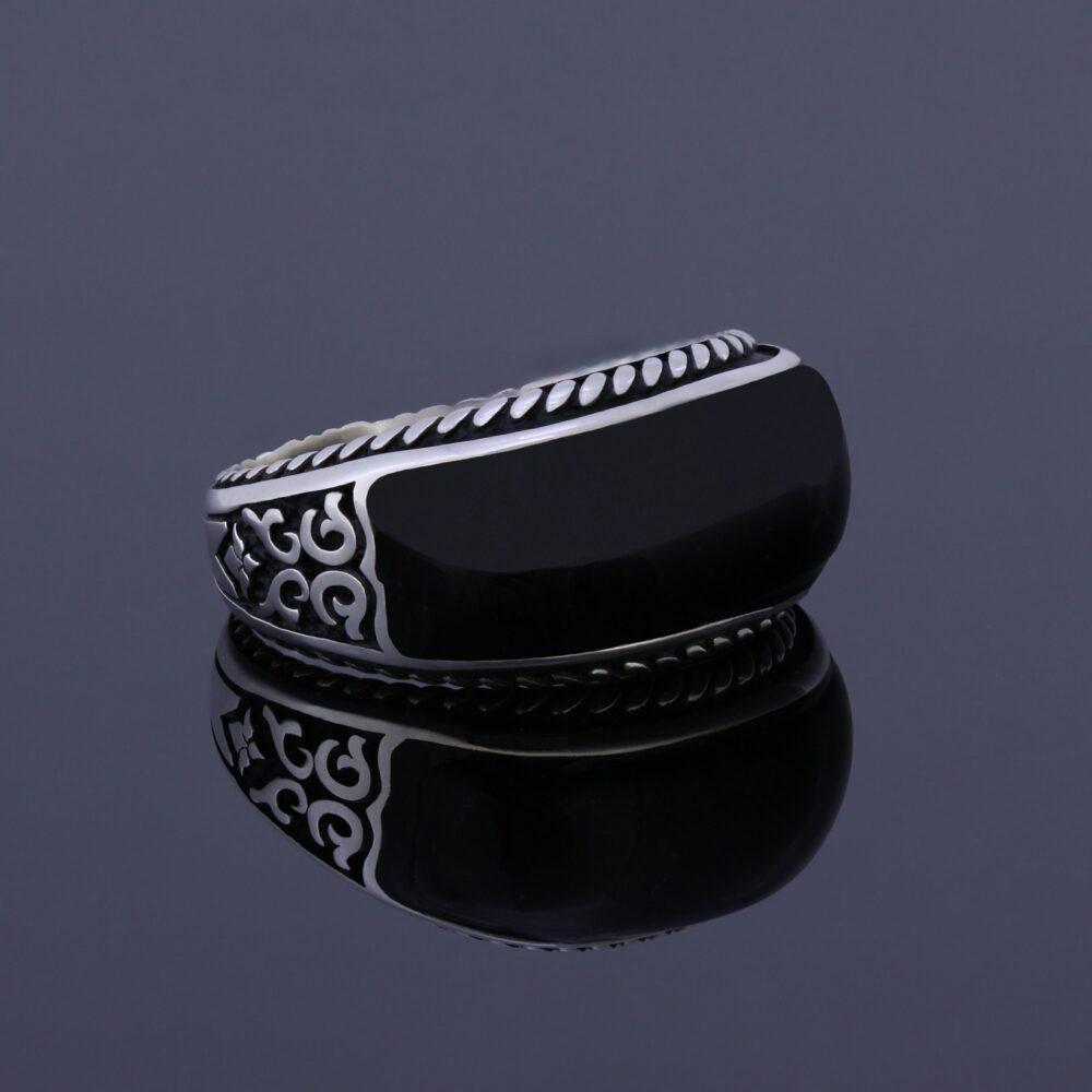 Mens Onyx Rings, Black Stone Silver Statement Ring, Celtic Vintage Signet Viking Warrior Manly Infinity Band | Can Be Gold Custom Made