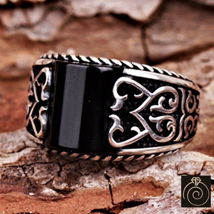 Mens Onyx Rings, Black Stone Silver Engagement Gift For Fiance, Celtic Pattern Engraved Jewelry Cool Men Antique Style Infinity Band 925
