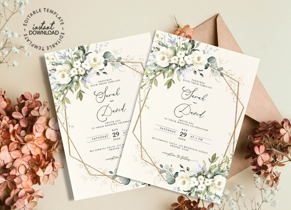 Arya - Editable Wedding Invitation With Ivory Roses & Greenery, Faux Gold Invite Template, Instant Download, Printable Invite, W79