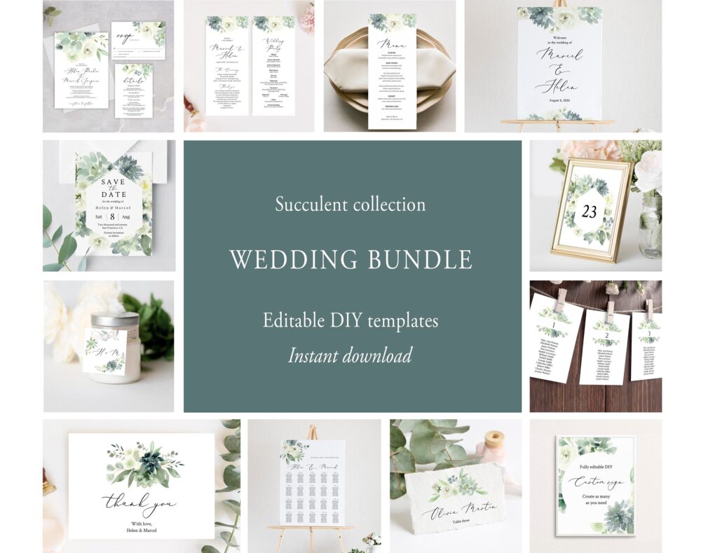 Succulent Wedding Bundle, Editable Bundle Template, Printable Invitation Suite, Save Money, Essentials, Templett C15