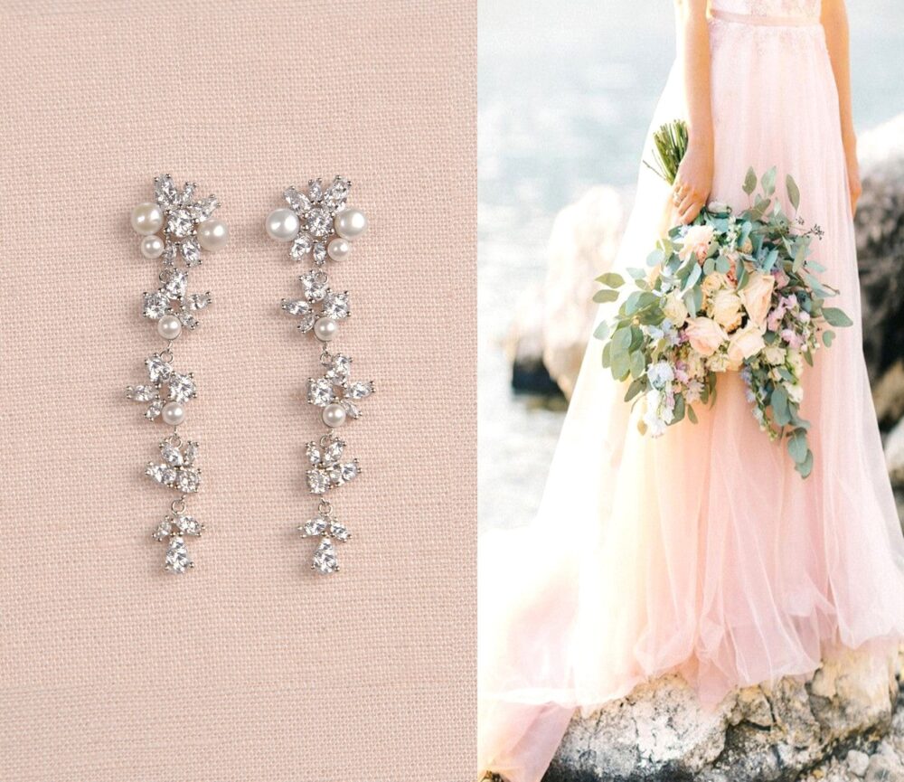 Bridal Earrings, Long Wedding Chandelier Wedding Earrings, Crystal & Pearl Bridesmaids, Josephine Earrings