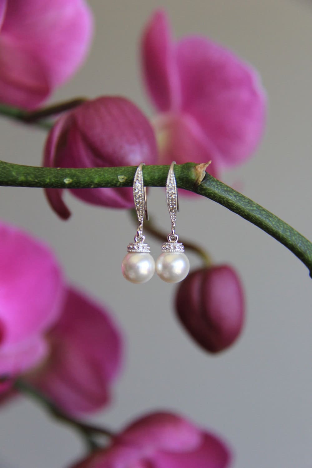 Wedding Jewelry, Wedding Earrings, Bridal Silver & Clear Cubic Zirconia Cz Swarovski Pearl