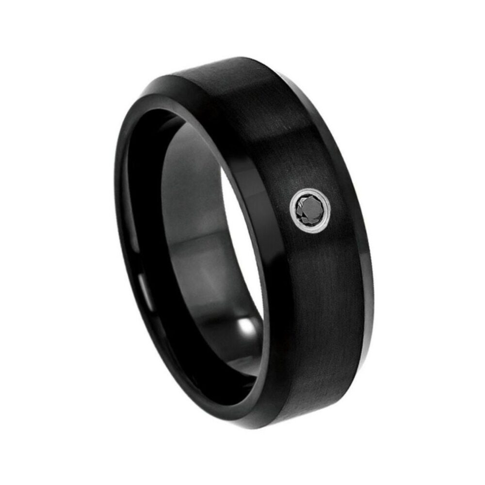 Mens Black Diamond Tungsten Ring Solitaire Wedding Band Personalized Engraved 8mm