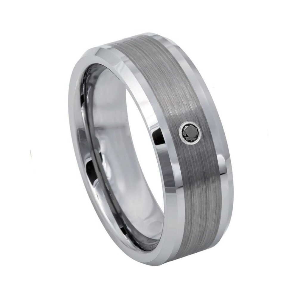Mens Black Diamond Tungsten Ring Solitaire Wedding Band Brushed Center Personalized Engraved 8mm