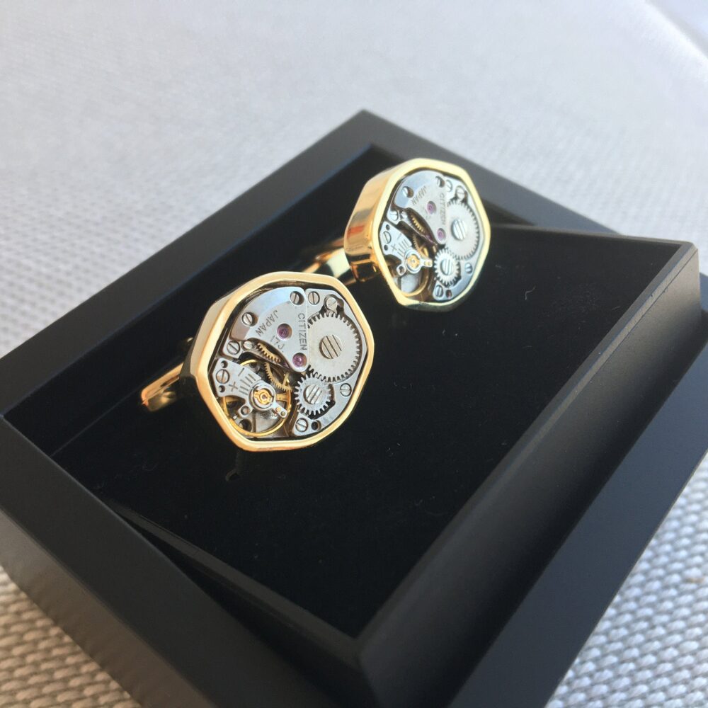Real Citizen Cufflinks, Watch Movement in Gold Colour Frame, Oval Shape, 17x12mm Vintage Steampunk Hand Made Cufflinks