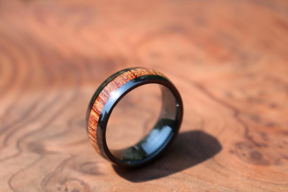 Personalized Men's Wood Wedding Band - Black Ceramic Koa Wood Wedding Ring Oval Men's Custom Ring