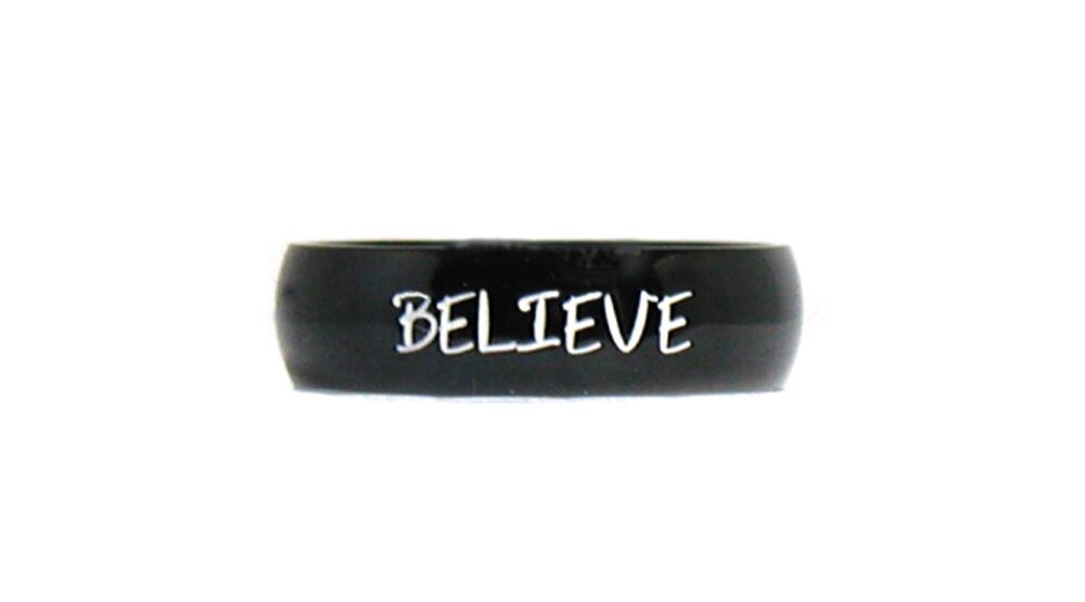 Believe Ring, Black Personalized Name Ring Band, Religious Jewelry, Custom Men's Unisex Band