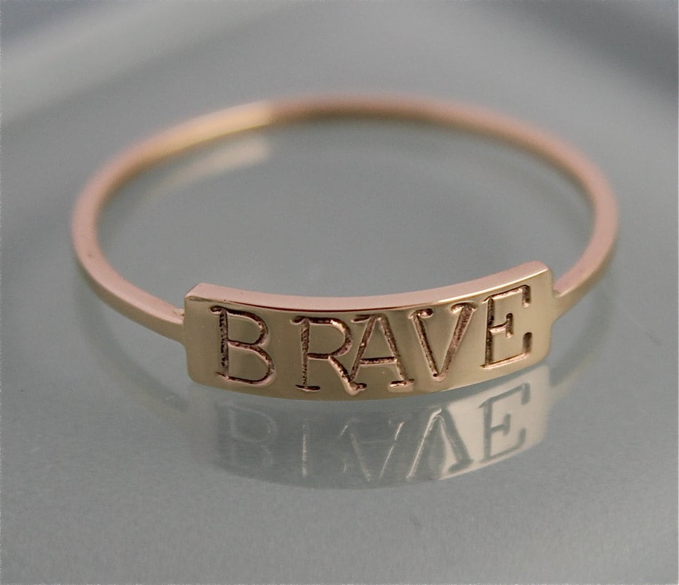 Name Ring Baby Mother Inspirational Personalized Word Id 14K Solid Yellow Gold Band Stackable Eco Friendly Recycled Brave