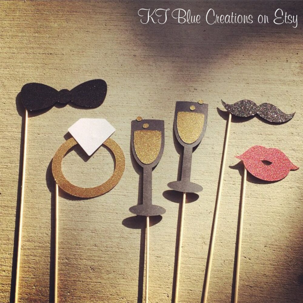 Glitter Wedding Photo Props - Set Of 6 Booth Props, Engagement Party, Wedding, Bridal Shower, Bachelorette Glitter