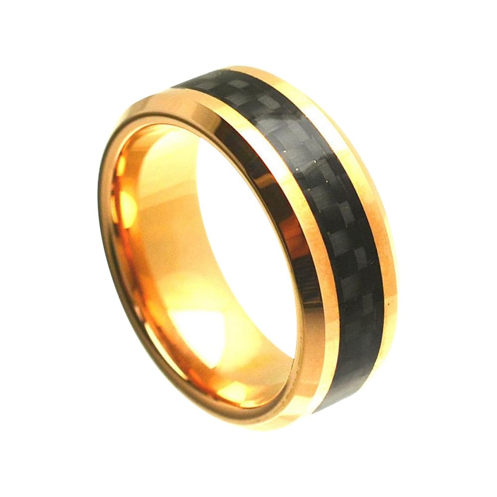 Mens Gold Wedding Band Cobalt Ring 8mm Engagement Black Carbon Fiber Surgical Grade Rings 18K Yellow Promise