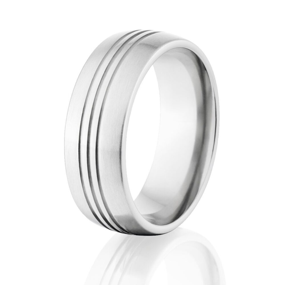Cobalt Chrome Men's Wedding Band, 8mm Brushed Ring With Grooves, Handcrafted USA Made