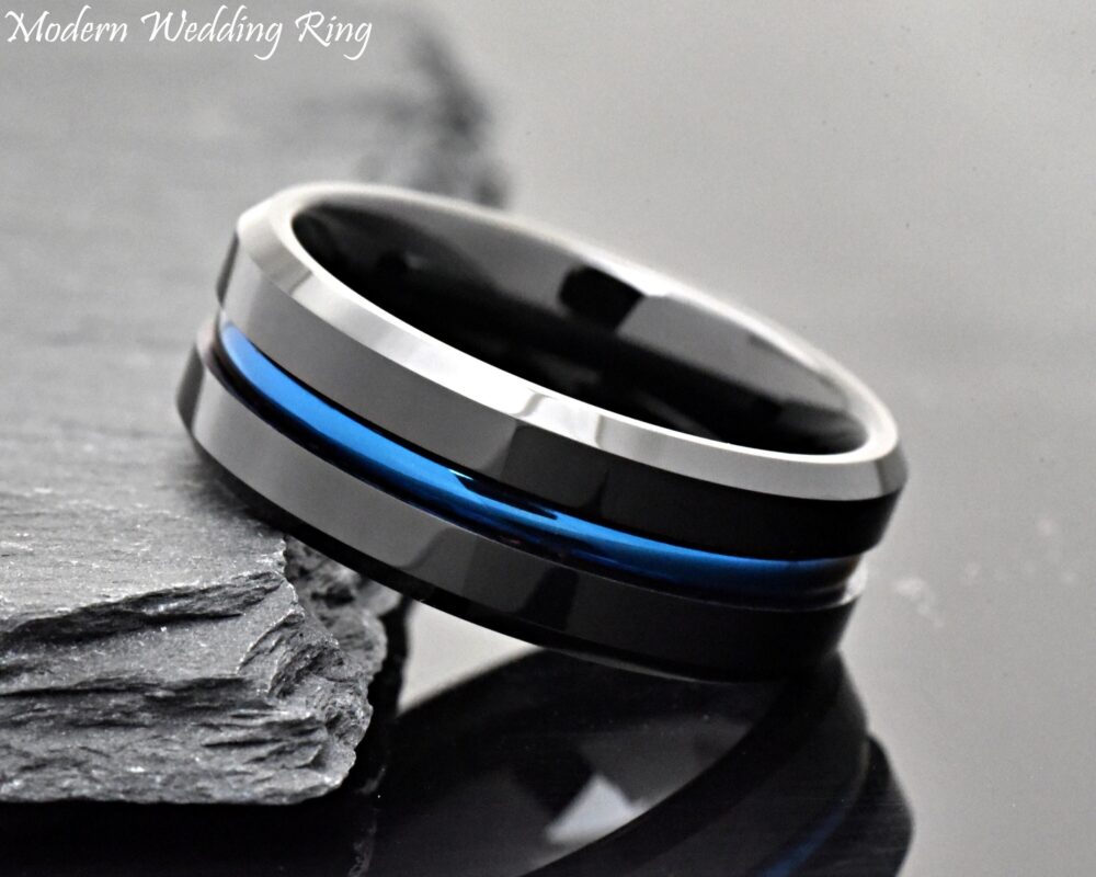 Mens Tungsten Wedding Band, Ring, Ring Tungsten, Black Cobalt Blue Stripe Centered Unique