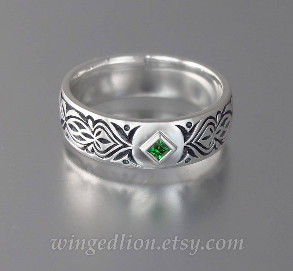 Silver Wedding Band For Men, Alhambra Silver With Square Tsavorite