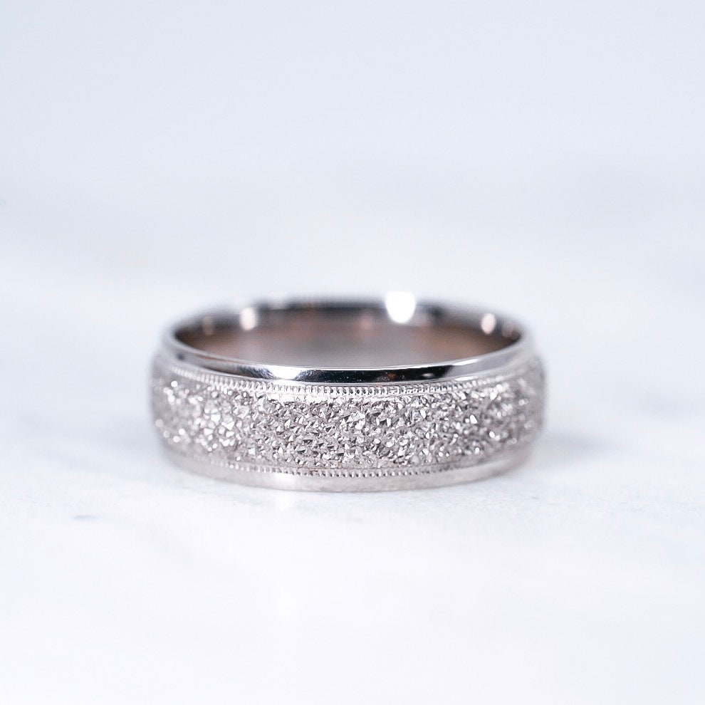 Men's Wedding Band 6mm Comfort Fit White Gold Or Yellow Rose Platinum Milgrain