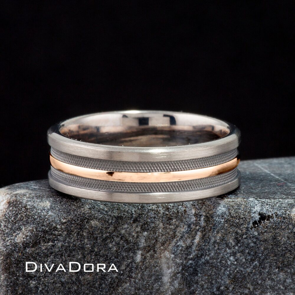 14K Solid Gray Gold Wedding Band With Rose/Yellow/White Gold, Free Custom Engraving, Cross Hatched Design, Man's Band, Dd2024