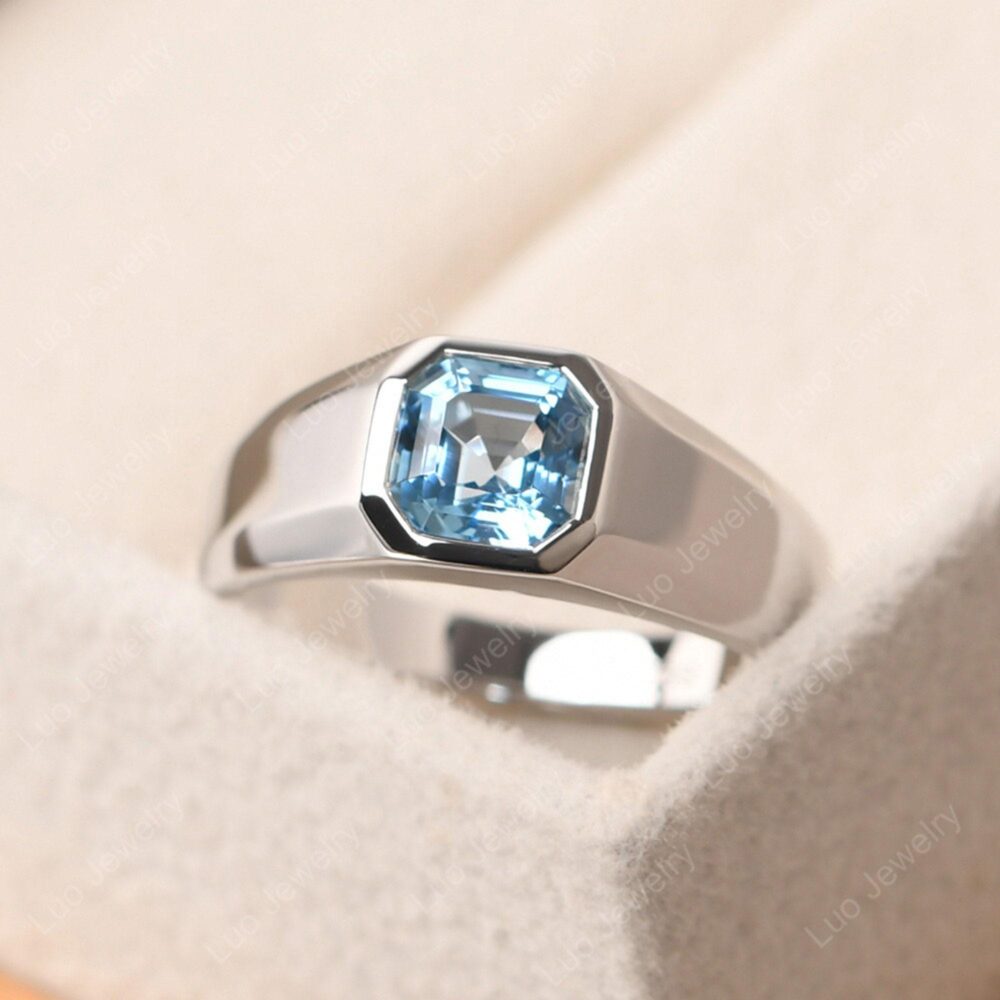 November Birthstone Ring For Men, Asscher Cut Swiss Blue Topaz Wedding Ring, Christmas Gift Him