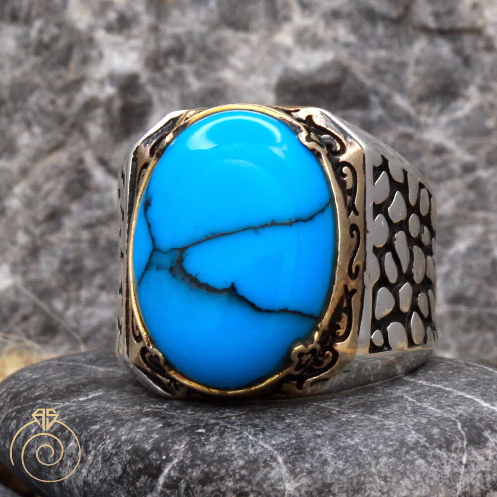 Men Turquoise December Birthstone Ring, Unique 925 Sterling Silver Blue Natural Stone Wedding Custom Vintage Statement Jewellery Gift