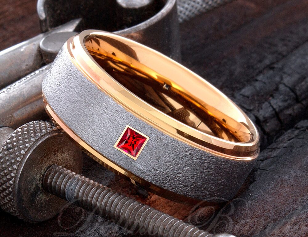 Tungsten Birthstone Ring - Mens Engraved Unique Wedding Band Gemstone Anniversary Gift Rose Gold