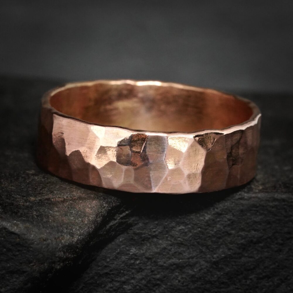 5mm Hammered Band Ring. Rustic Organic Unique Alternative Textured Wide Yellow Rose White Gold Mens Wedding Style #1