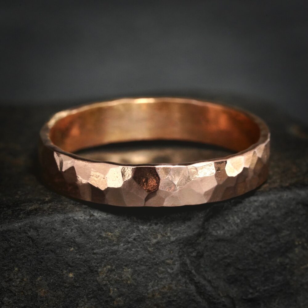 3mm Hammered Band Ring. Rustic Organic Natural Textured Unique Alternative Silver Yellow Rose White Gold Wedding Ring Style #1