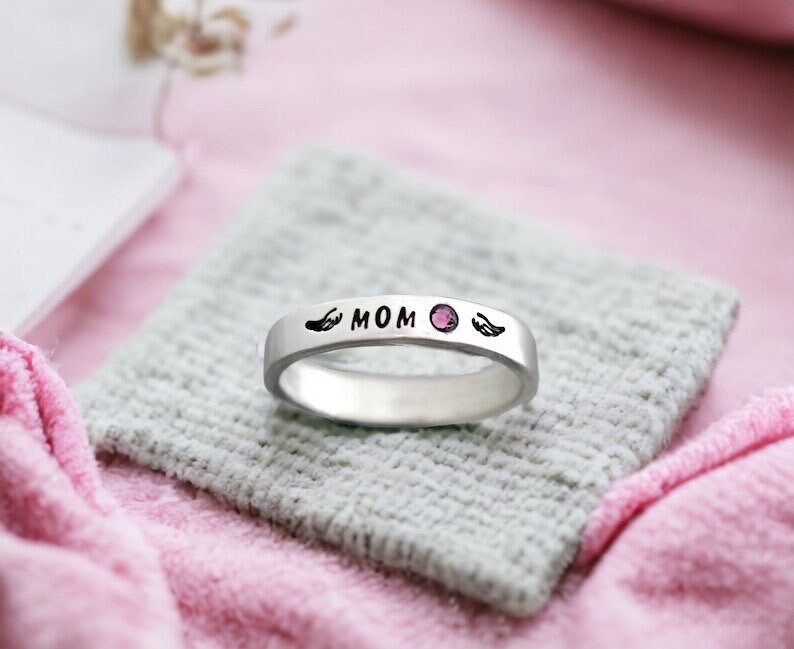 stacking Ring, Loss Of Mom Memorial Winged Name Birthstone Angel Wing, Minimalist, Dad Mother Loved One Ring
