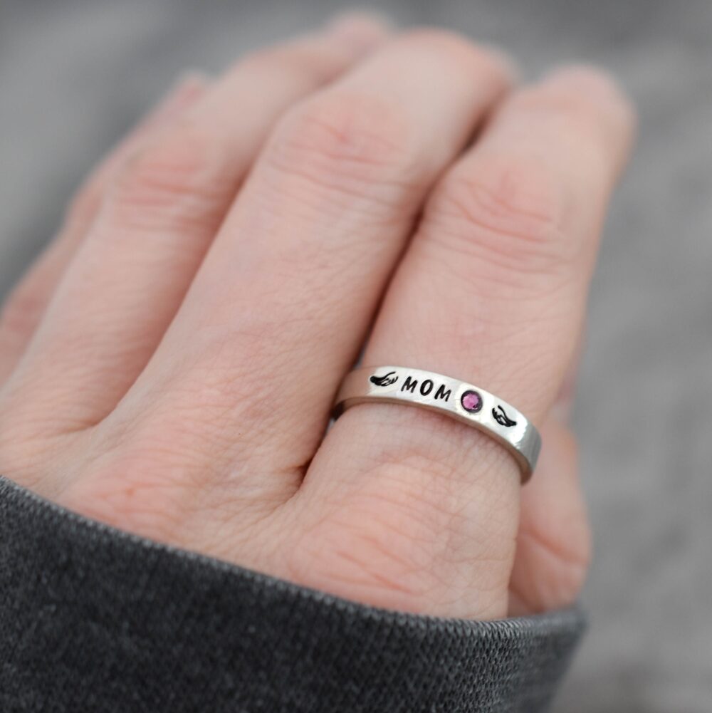 stacking Ring, in Memory Of Mom Loss Memorial Winged Name Birthstone Angel Wing, Minimalist, Dad Loved One Ring