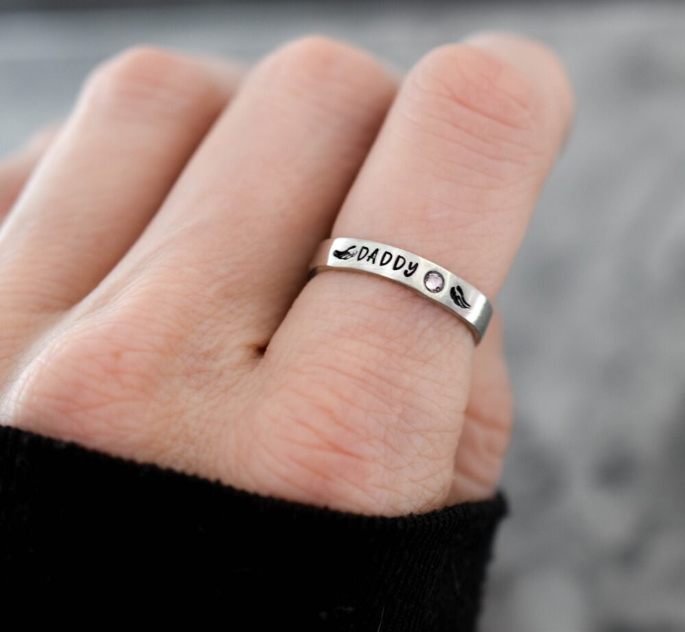 stacking Ring, in Memory Of Dad Loss Memorial Winged Name Birthstone Angel Wing, Minimalist, Mom Loved One Ring