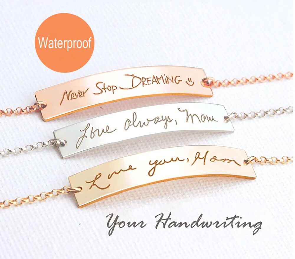 Actual Handwriting Jewelry, Custom Signature Bracelet Memorial, Kids Handwriting Bracelet, Names Name Plate, Gold Bar